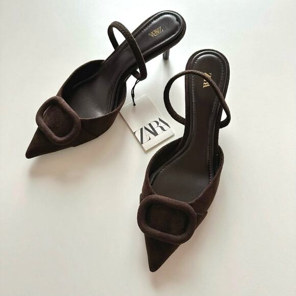 ZARA Dark Brown Pointed Toe Slingback Heels NWT Size 6.5 - Picture 9 of 16